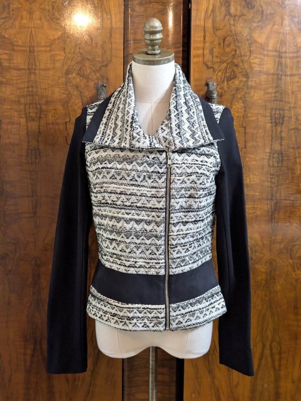 Anthropologie Elevenses Mixed Media Tweed Moto Jacket Size 4 Black White Knit